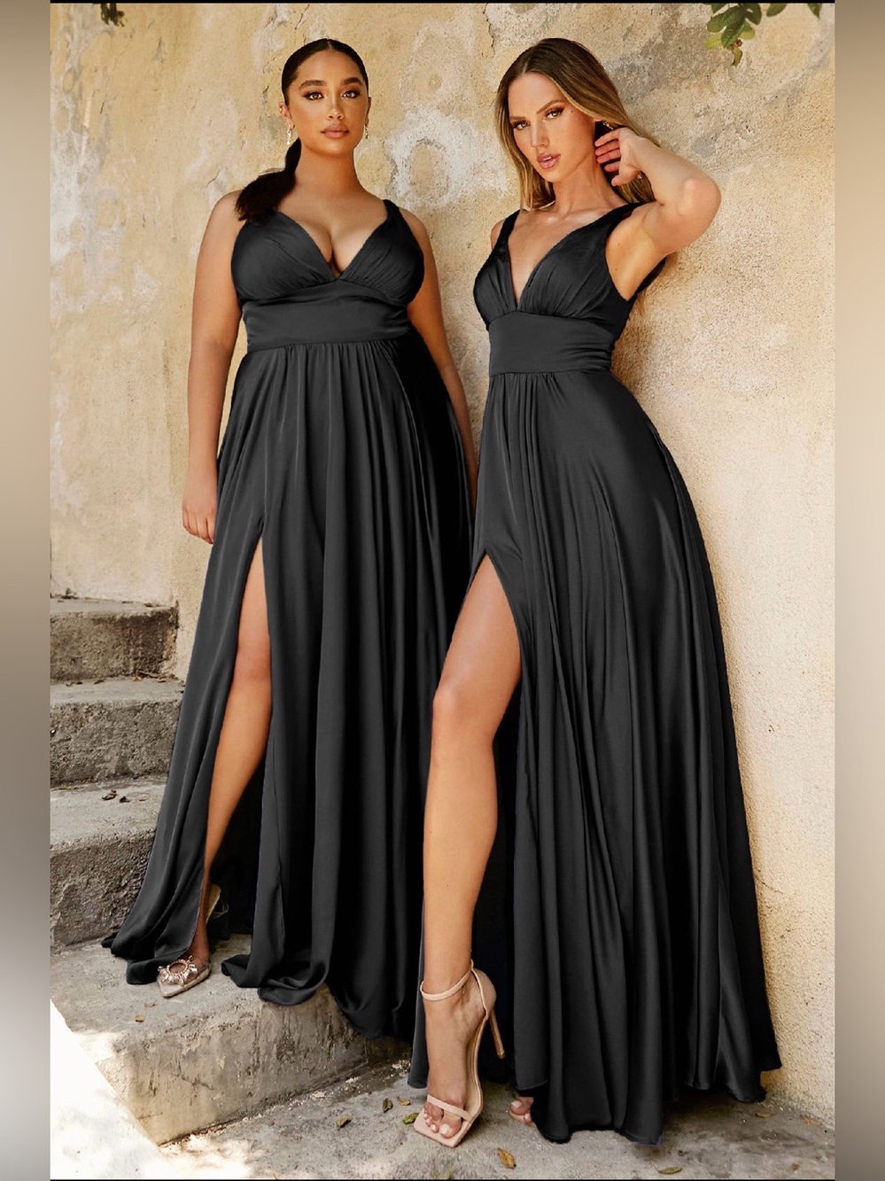Black V-Neck Prom Gown with High Slit – Women's Formal Dress